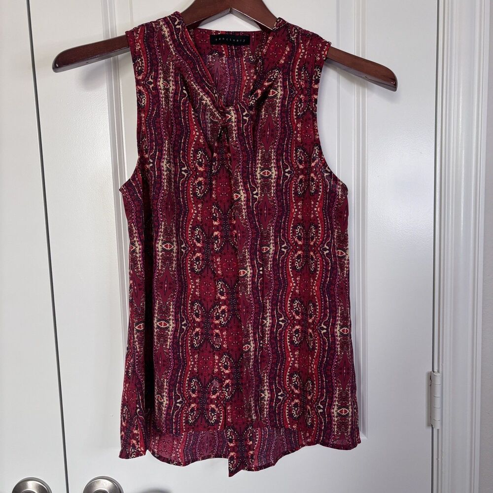 Sanctuary Blouse Small Red Printed Sleeveless V-Neck with Tie